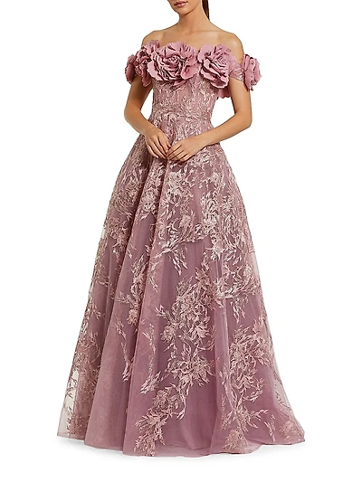 Sequin-Embroidered Off-The-Shoulder A-Line Gown
