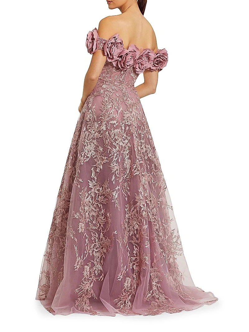 Sequin-Embroidered Off-The-Shoulder A-Line Gown