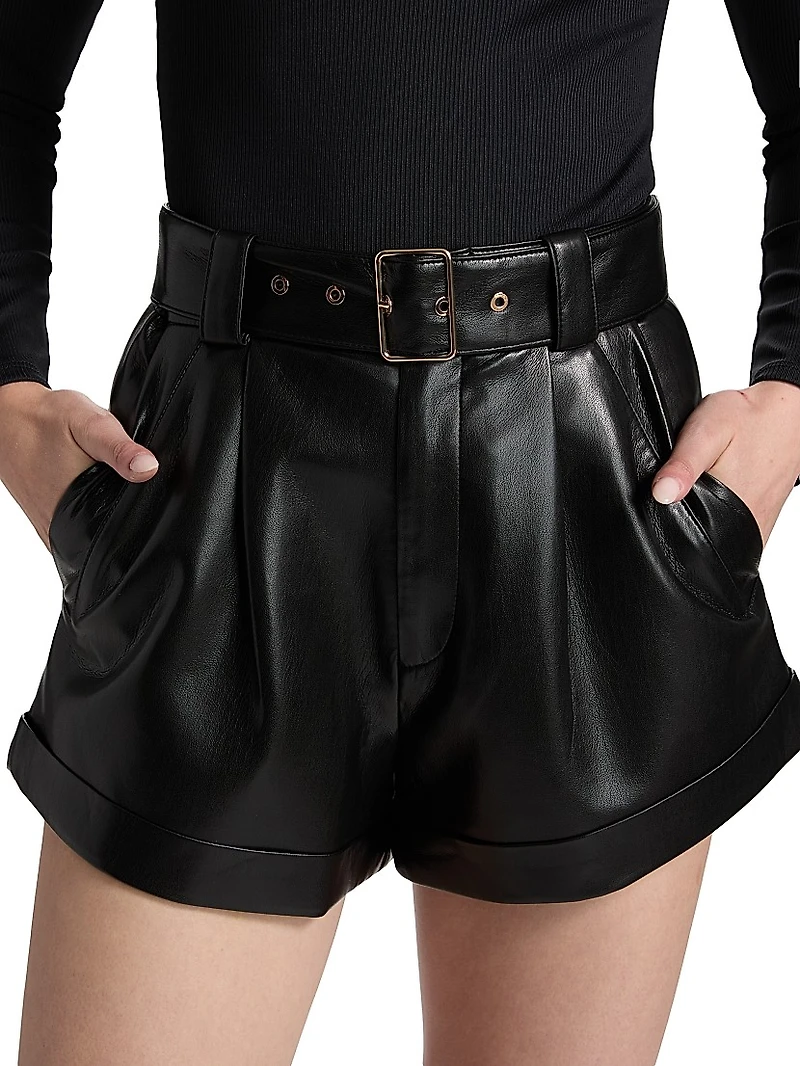 Joyce Belted Faux-Leather Shorts