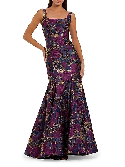 Floral Brocade Square Neck Trumpet Gown