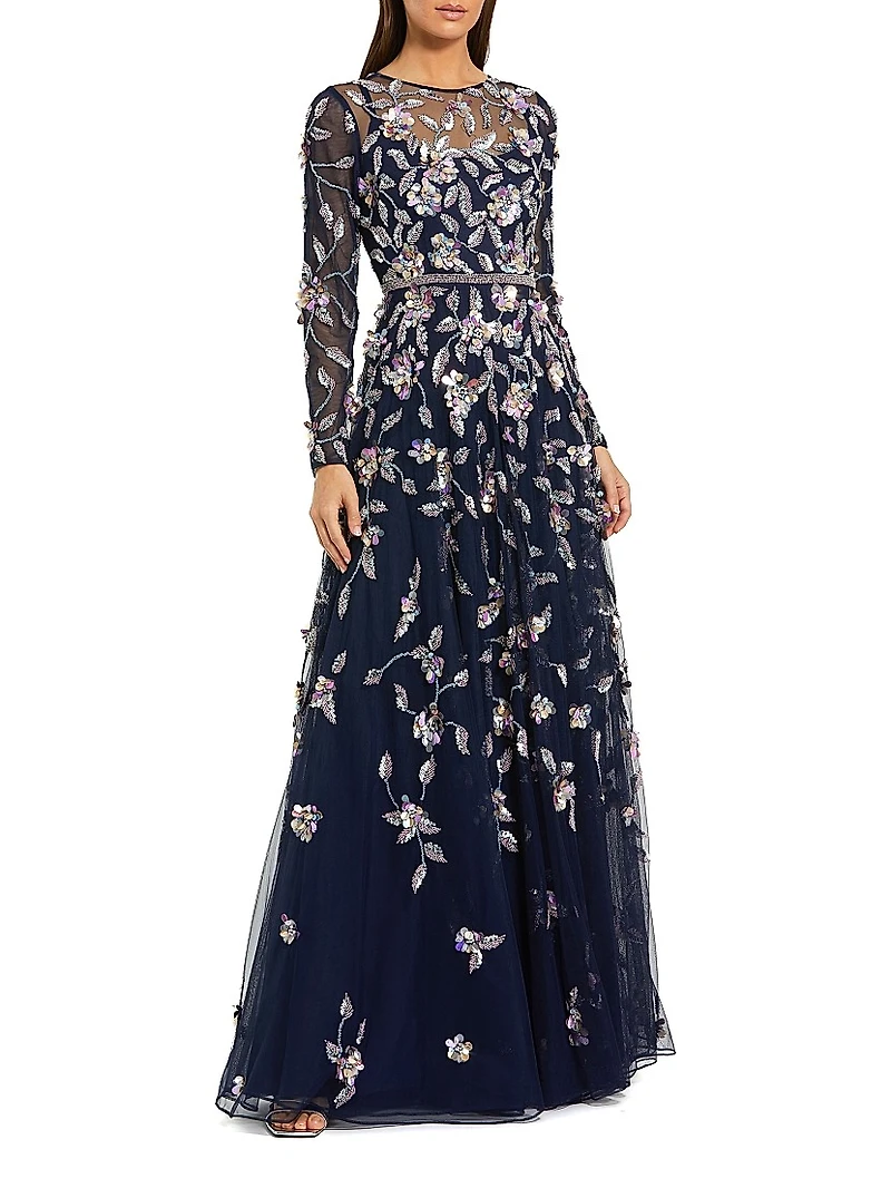 Floral Embellished Mesh Long-Sleeve Gown