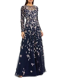 Floral Embellished Mesh Long-Sleeve Gown