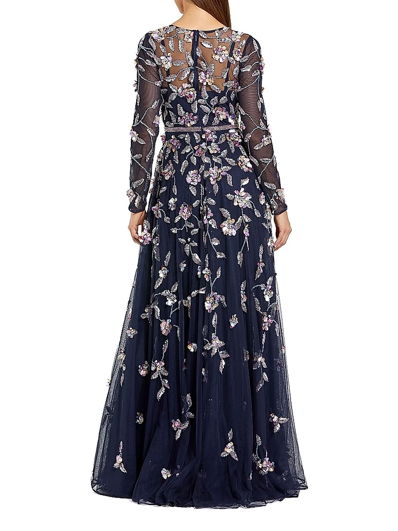 Floral Embellished Mesh Long-Sleeve Gown