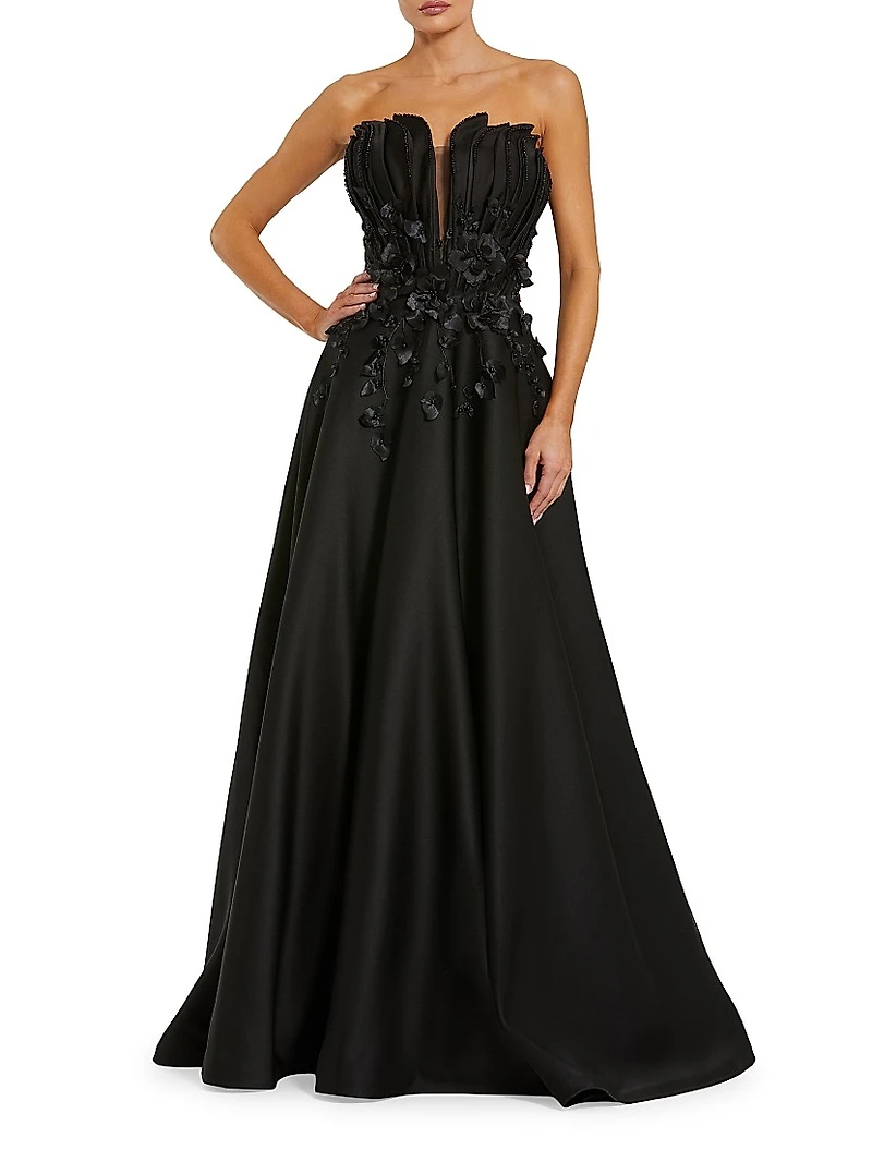 Beaded Floral-Appliquéd Charmeuse Strapless Gown