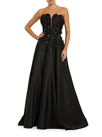 Beaded Floral-Appliquéd Charmeuse Strapless Gown