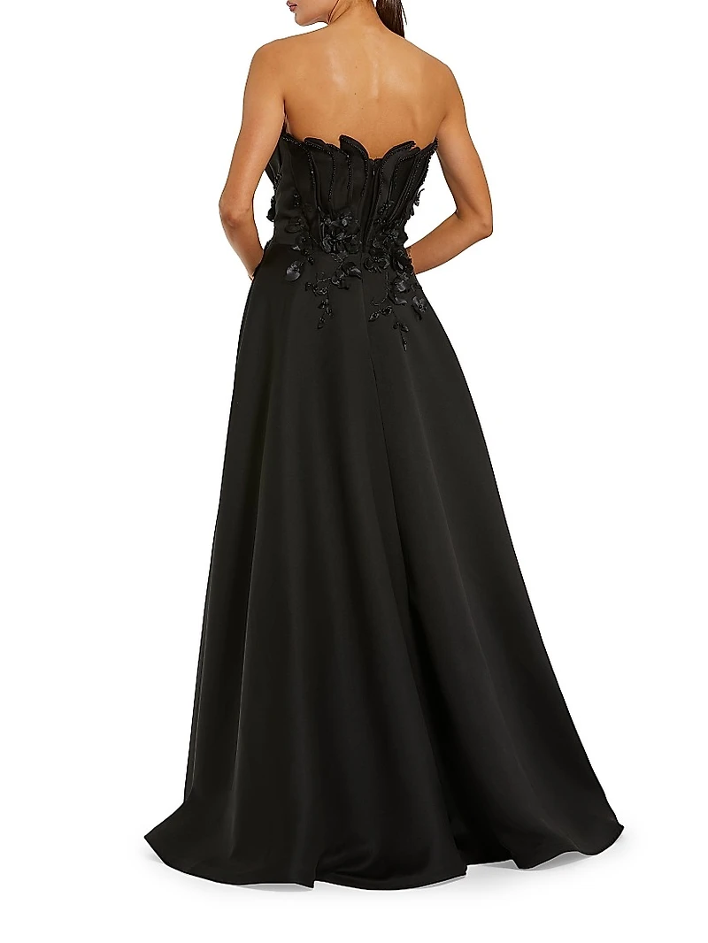 Beaded Floral-Appliquéd Charmeuse Strapless Gown