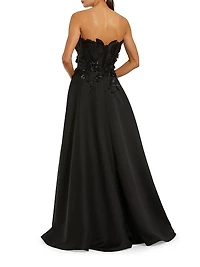 Beaded Floral-Appliquéd Charmeuse Strapless Gown