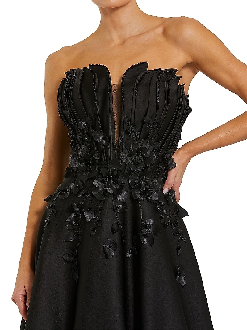 Beaded Floral-Appliquéd Charmeuse Strapless Gown