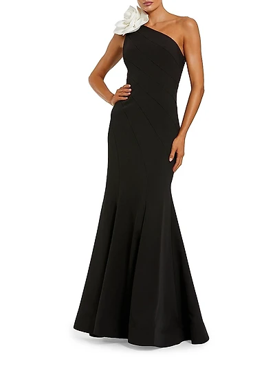 Flower-Detailed Crepe One-Shoulder Mermaid Gown