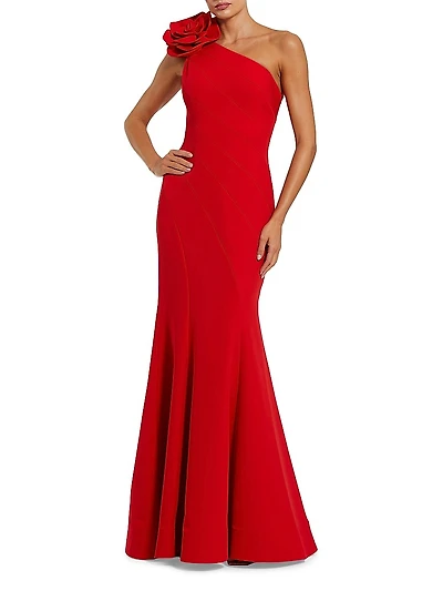 Flower-Detailed Crepe One-Shoulder Mermaid Gown