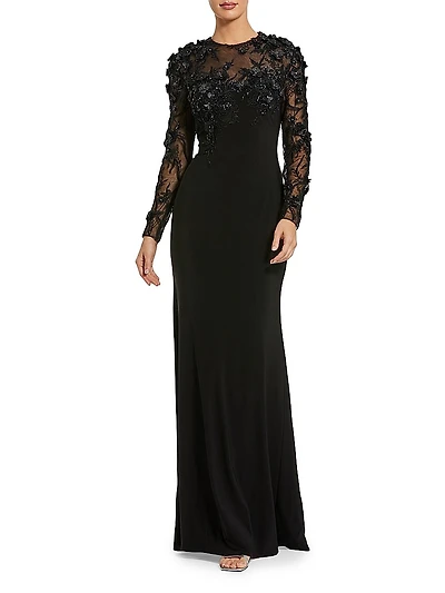 Floral Embellished Long-Sleeve Column Gown