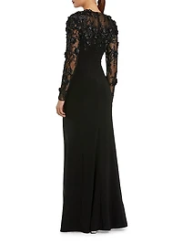 Floral Embellished Long-Sleeve Column Gown