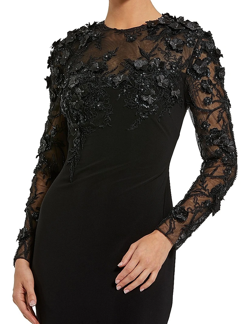 Floral Embellished Long-Sleeve Column Gown