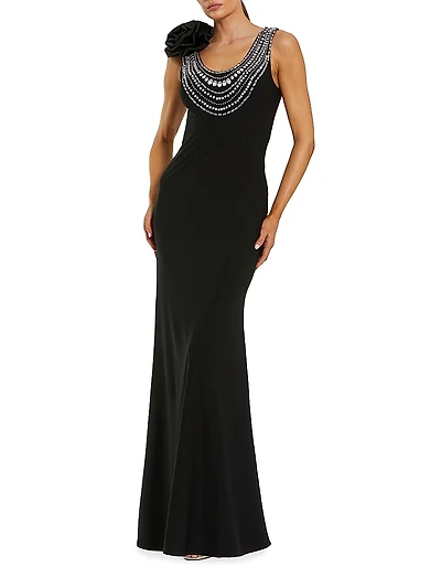 Beaded Scoopneck Column Gown