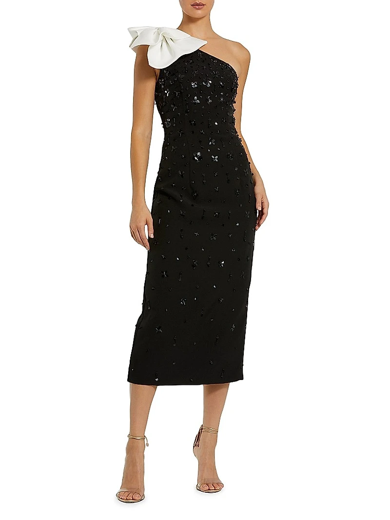 Beaded Crepe One-Shoulder Cocktail Dress