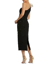 Beaded Crepe One-Shoulder Cocktail Dress