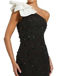 Beaded Crepe One-Shoulder Cocktail Dress