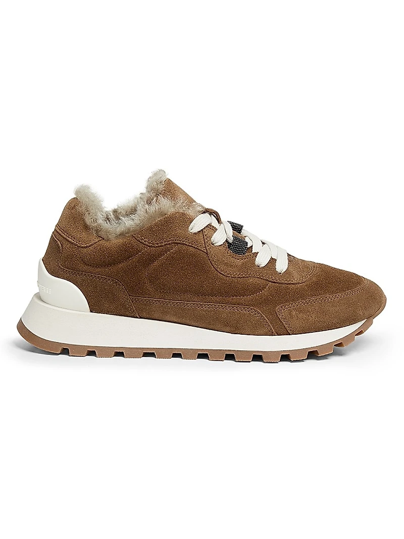 Suede-Shearling Low-Top Sneakers