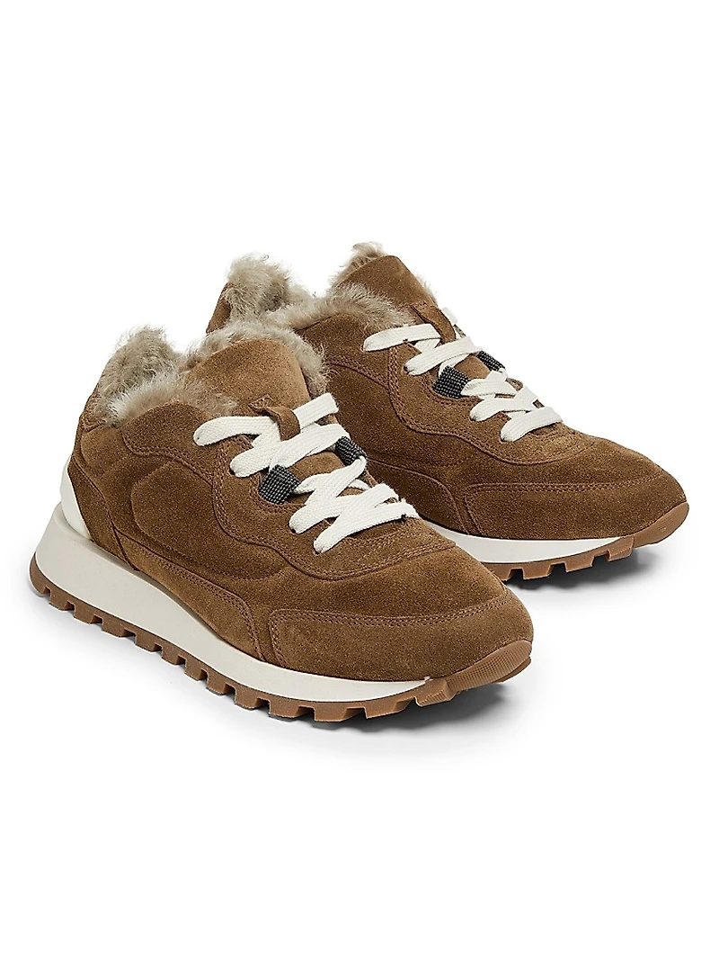 Suede-Shearling Low-Top Sneakers