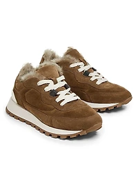 Suede-Shearling Low-Top Sneakers