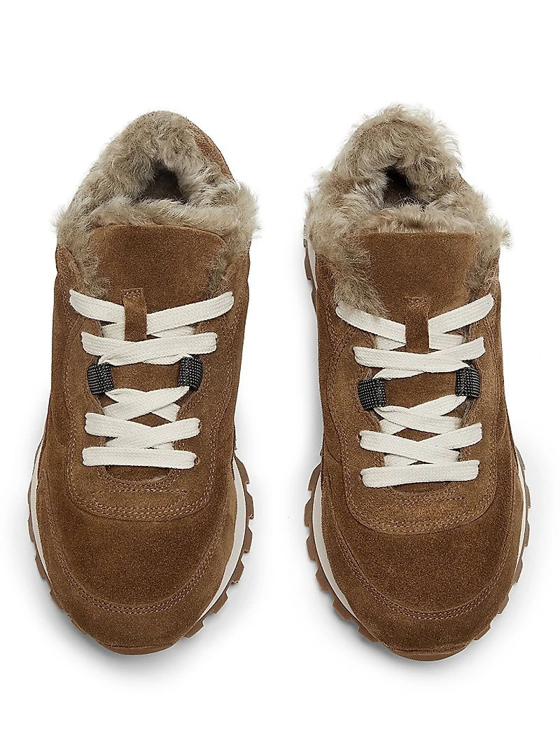 Suede-Shearling Low-Top Sneakers