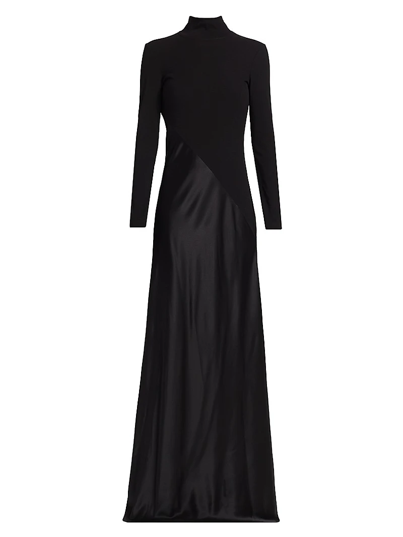 Bias-Cut Turtleneck Mix Media Gown