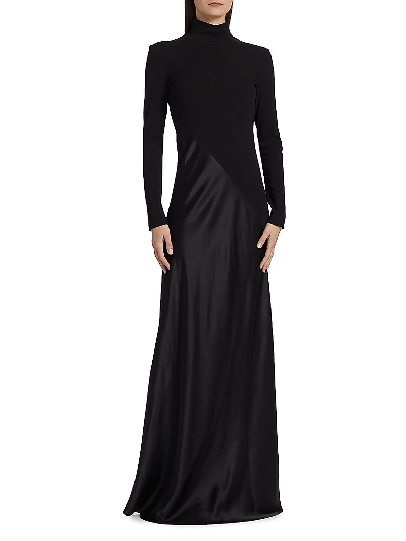 Bias-Cut Turtleneck Mix Media Gown
