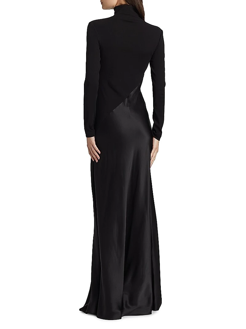 Bias-Cut Turtleneck Mix Media Gown