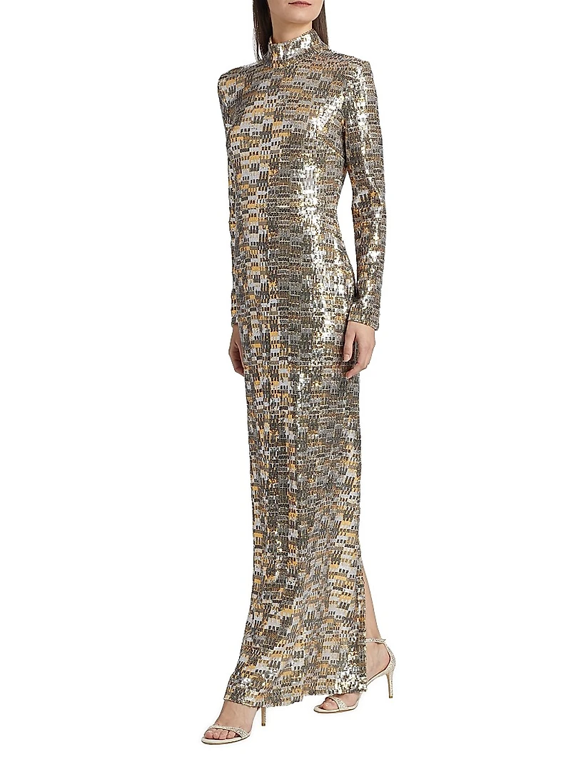 Bauhaus Mesh Sequin Turtleneck Maxi Dress