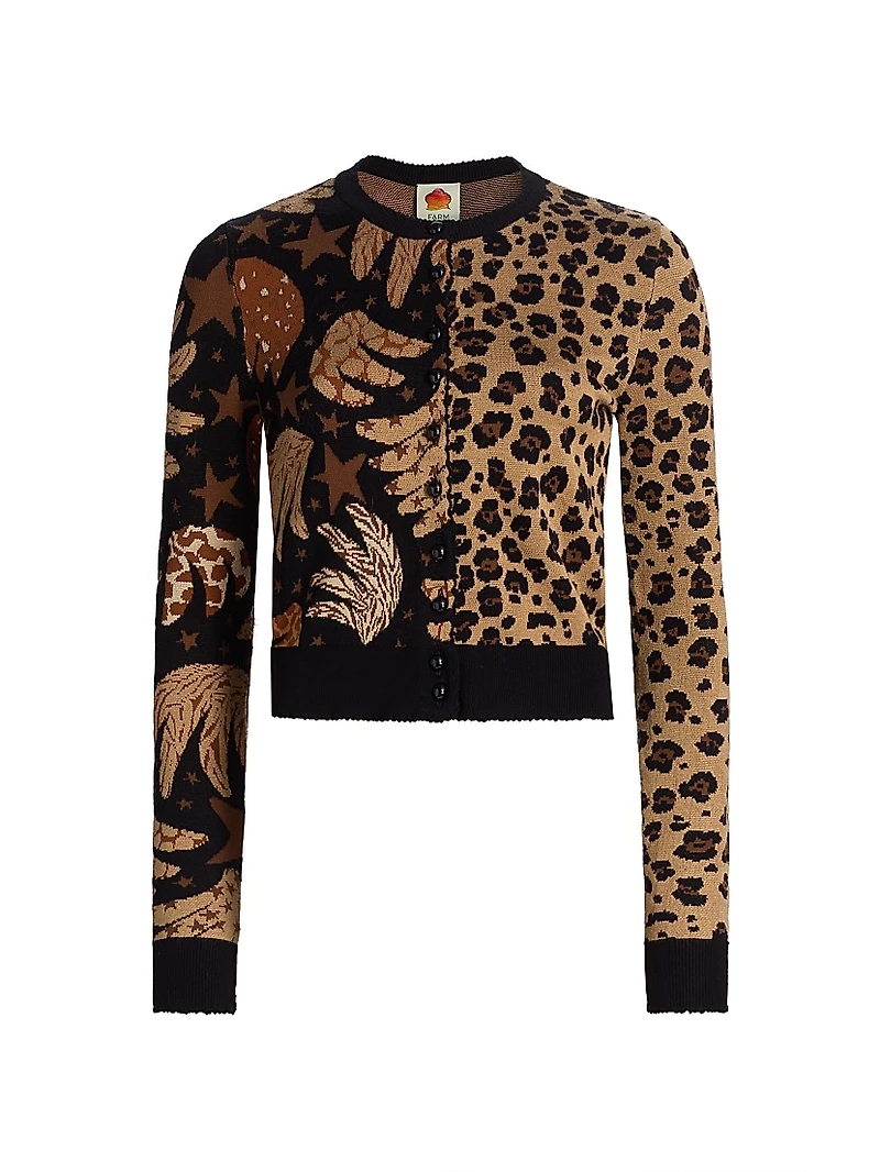 Banana Leopard Intarsia-Knit Crewneck Cardigan