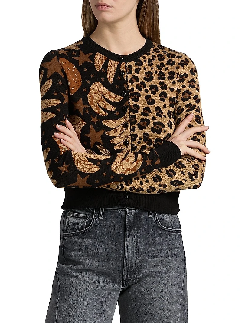 Banana Leopard Intarsia-Knit Crewneck Cardigan