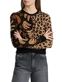 Banana Leopard Intarsia-Knit Crewneck Cardigan
