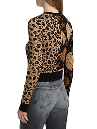 Banana Leopard Intarsia-Knit Crewneck Cardigan