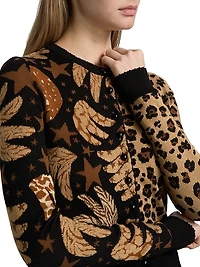 Banana Leopard Intarsia-Knit Crewneck Cardigan