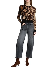 Banana Leopard Intarsia-Knit Crewneck Cardigan