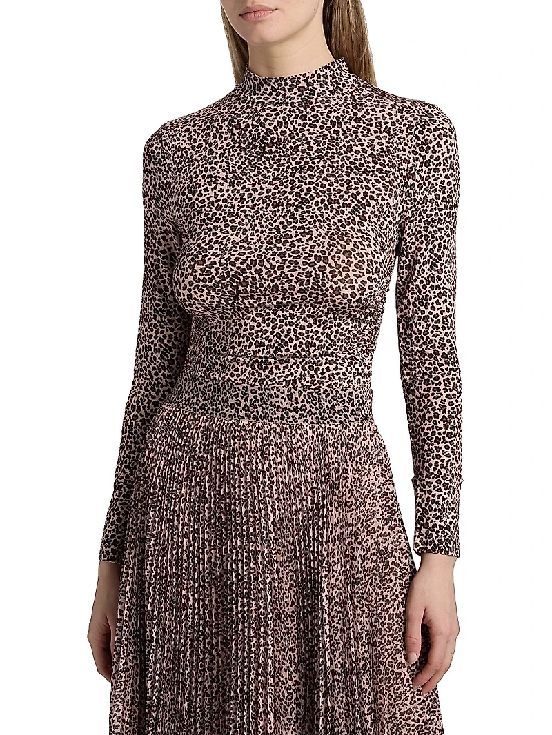 Leopard Jersey Mock-Turtleneck Top