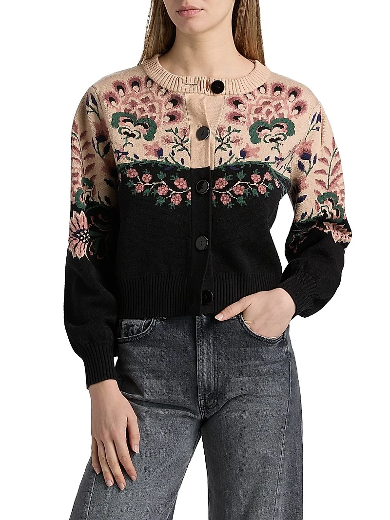 Belle Garden Floral Knit Crewneck Cardigan