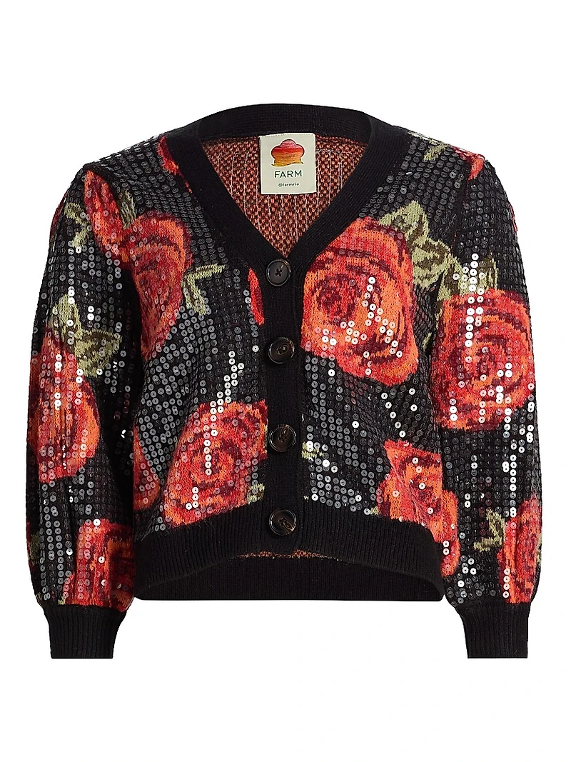 Latin Roses Sequin Knit V-Neck Cardigan