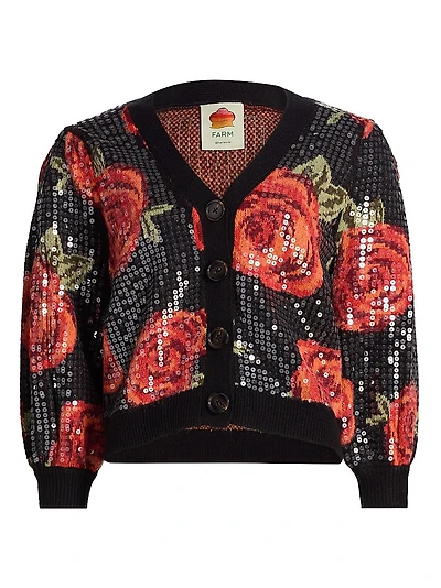 Latin Roses Sequin Knit V-Neck Cardigan