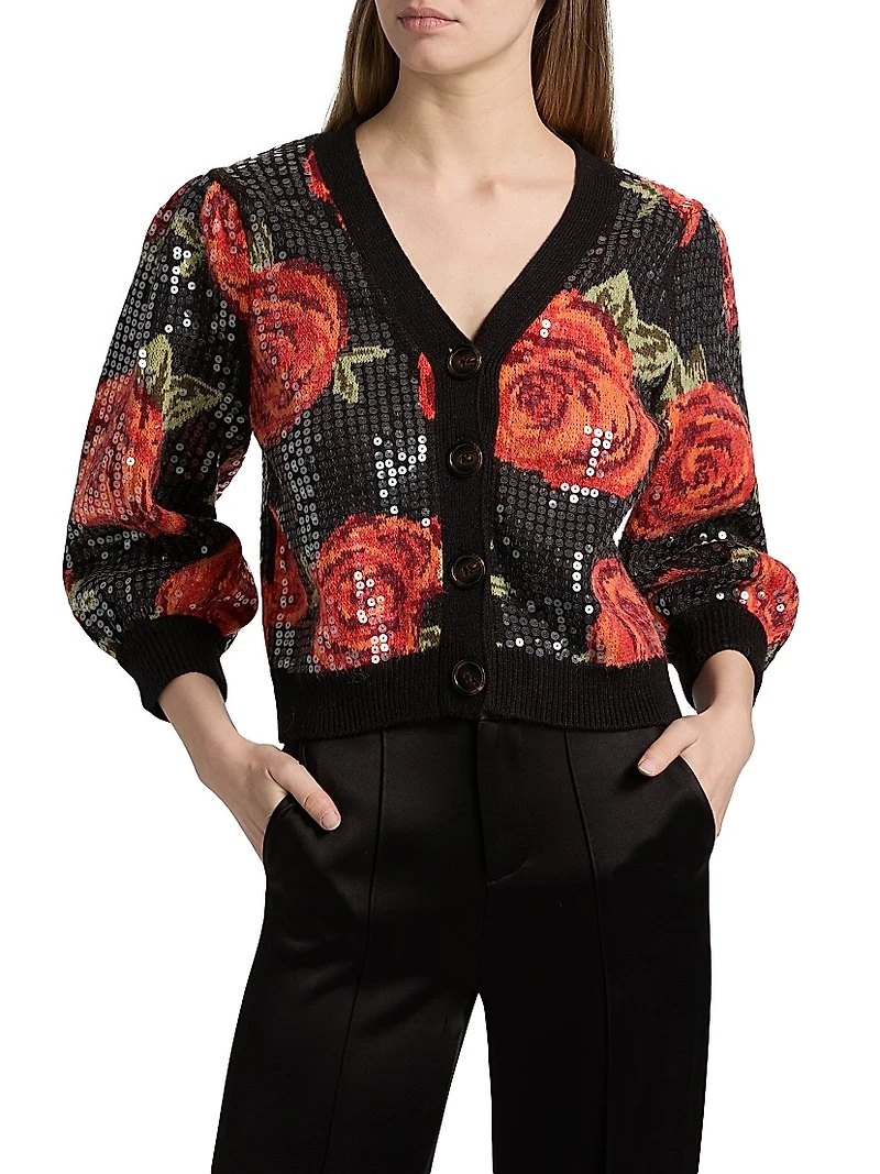 Latin Roses Sequin Knit V-Neck Cardigan