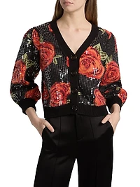Latin Roses Sequin Knit V-Neck Cardigan