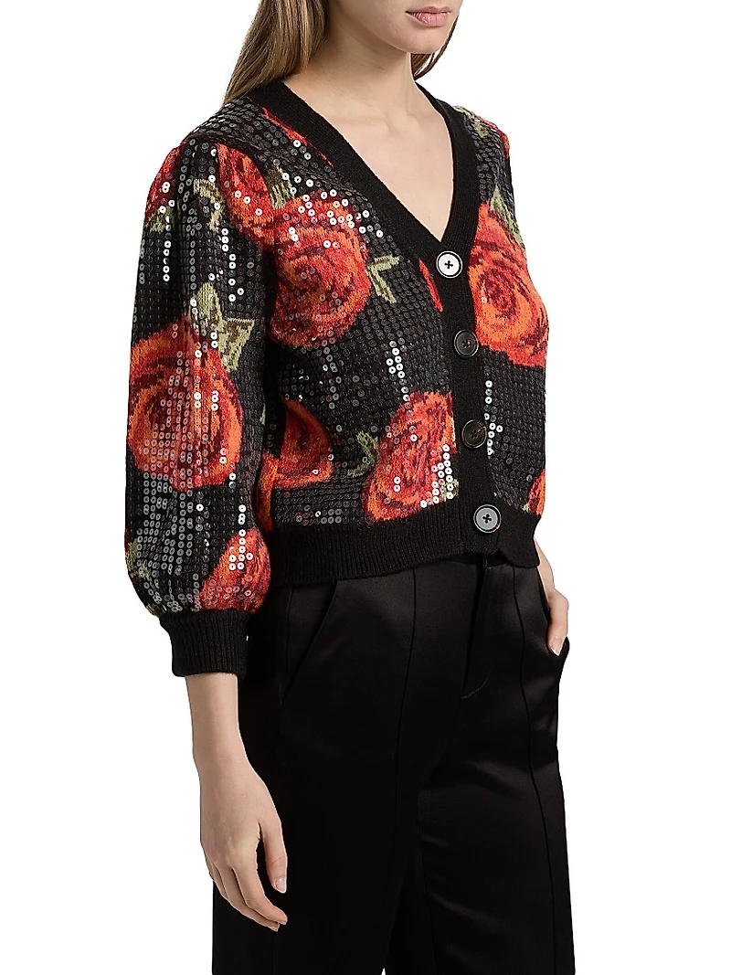 Latin Roses Sequin Knit V-Neck Cardigan