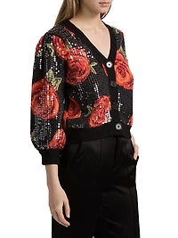 Latin Roses Sequin Knit V-Neck Cardigan