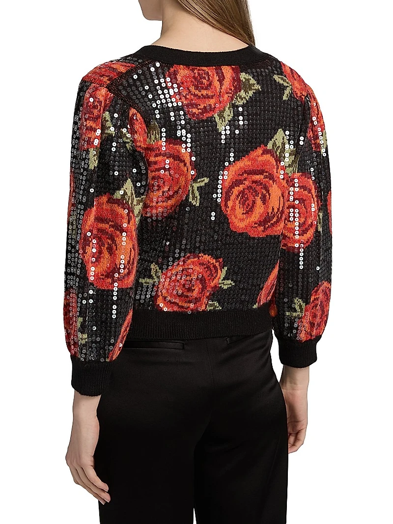 Latin Roses Sequin Knit V-Neck Cardigan