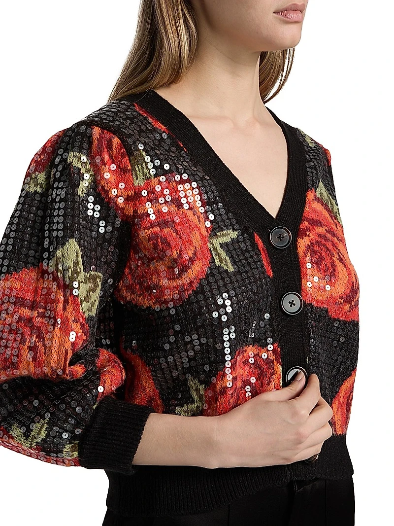 Latin Roses Sequin Knit V-Neck Cardigan