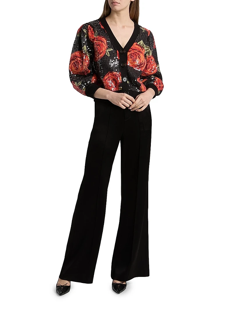 Latin Roses Sequin Knit V-Neck Cardigan