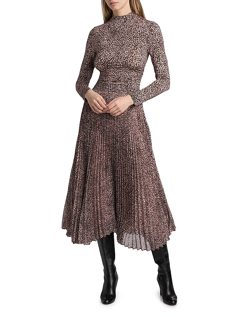 Leopard-Print Pleated Midi-Skirt