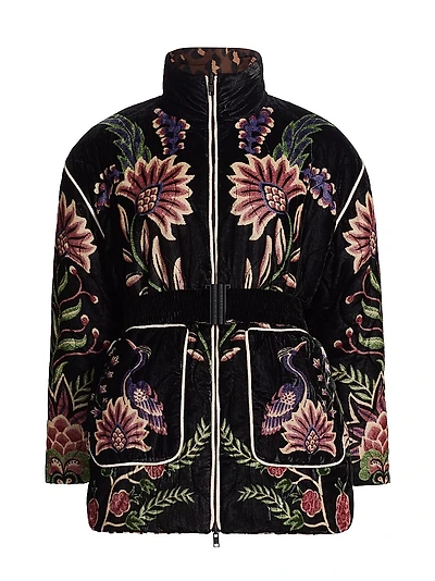 Marvelous Garden Floral Velour Belted Puffer Jacket