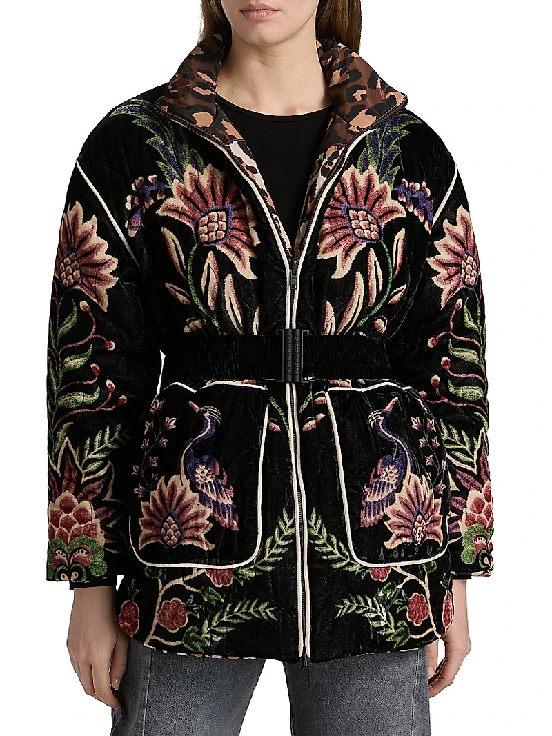 Marvelous Garden Floral Velour Belted Puffer Jacket