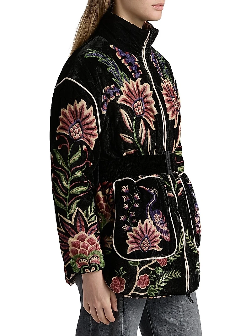 Marvelous Garden Floral Velour Belted Puffer Jacket